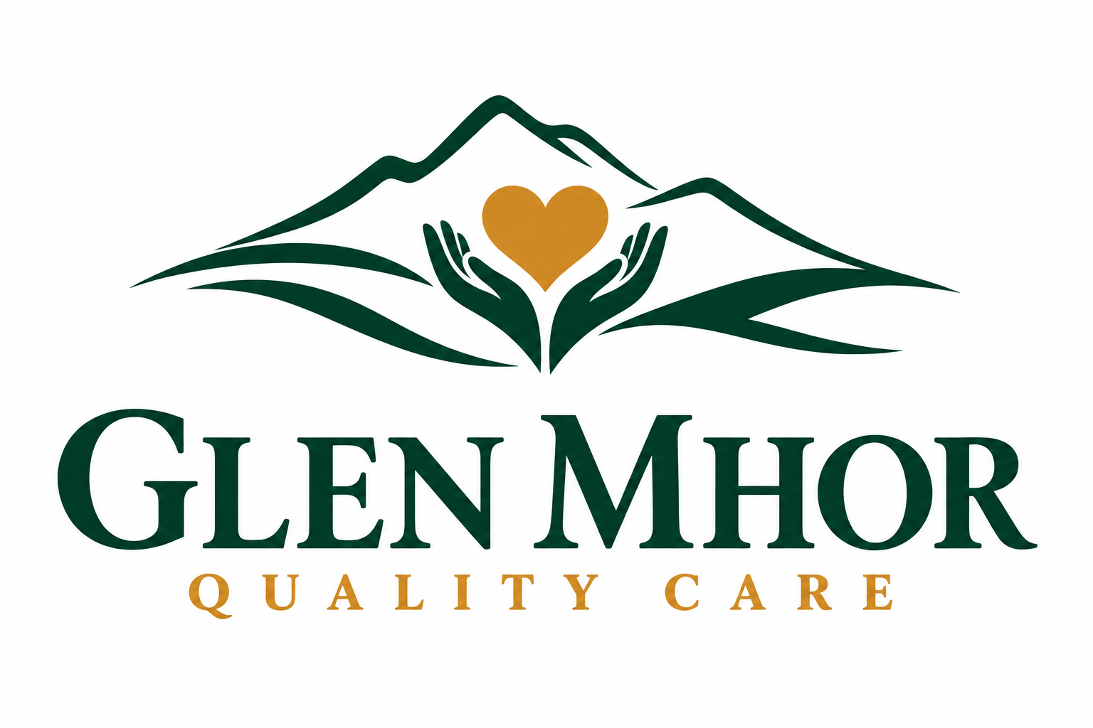 Glen Mhor Quality Care — hands supporting a golden heart beneath Highland hills